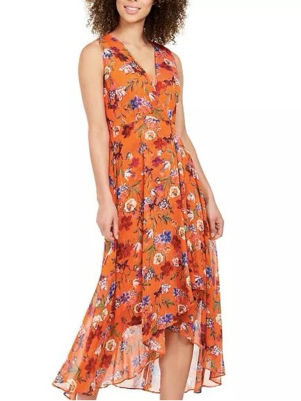 Calvin Klein Orange Floral V-Neck High-Low Dress